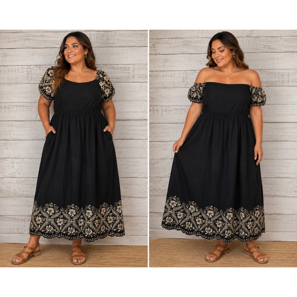 Lane Bryant Boho Embroidered Flutter Sleeve Midi Dress Black Cream Floral Sz 22